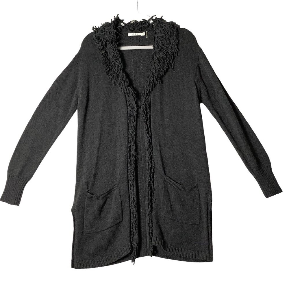 OST Fringed Cardigan Sweater Women Sz Medium Cashmere Cotton Blend Luxury